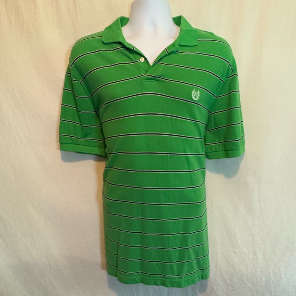 H-149 Men’s Chaps Green Black & White Stripe Short Sleeve Polo Shirt Size‎ XL